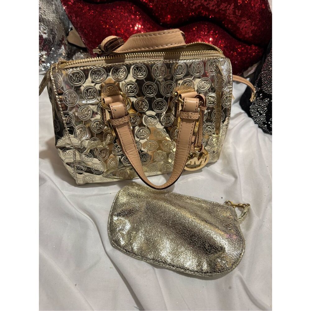 Mk michael Kors gold patent leather signature jet set mini hand bag purse bag